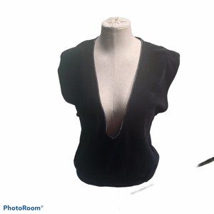 80s Black Velvet with Rhinestone Deep V-Neck Sleeveless Top  M